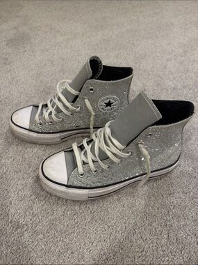 Converse Platform High Top Sneakers, Silver Glitter Cheetah Print, size 6